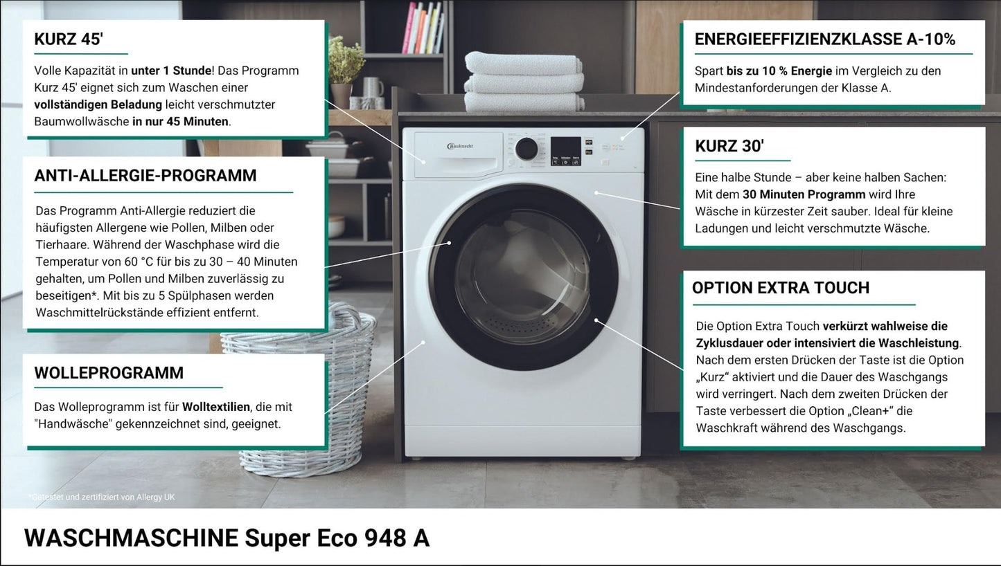 BAUKNECHT Super Eco 948 A Waschmaschine: 9 kg, 1400 U/Min, Fleckenfrei, Schnell