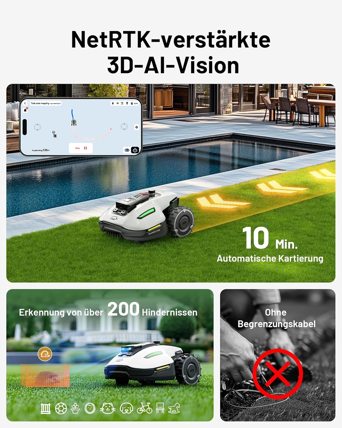 Mammotion YUKA Mini 700 Mähroboter mit Garage – Kabelloses Rasenmähen mit KI-Navigation & NetRTK+ Vision-System