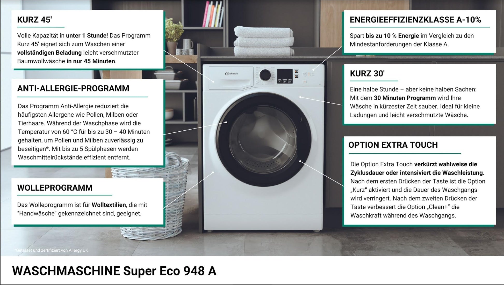 BAUKNECHT Super Eco 948 A Waschmaschine: 9 kg, 1400 U/Min, Fleckenfrei, Schnell
